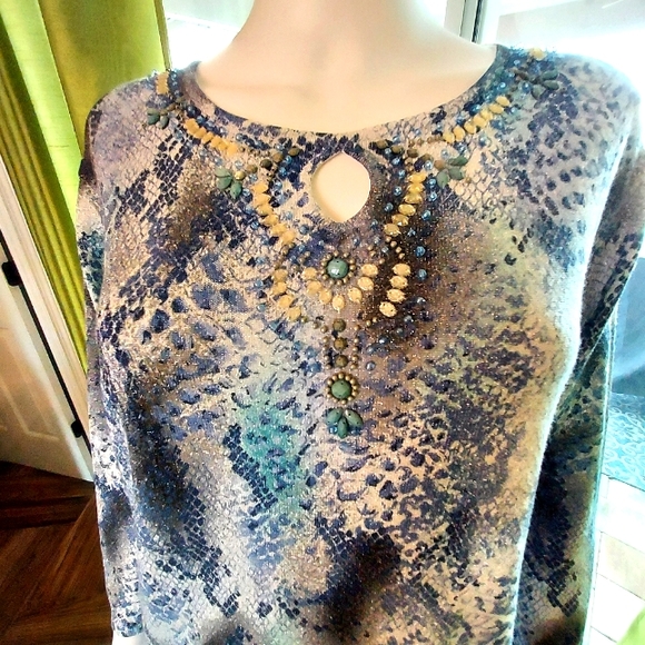 Alfred Dunner Silver Sparkle Snake Print Top with Embellished Neckline: XL - Picture 2 of 11